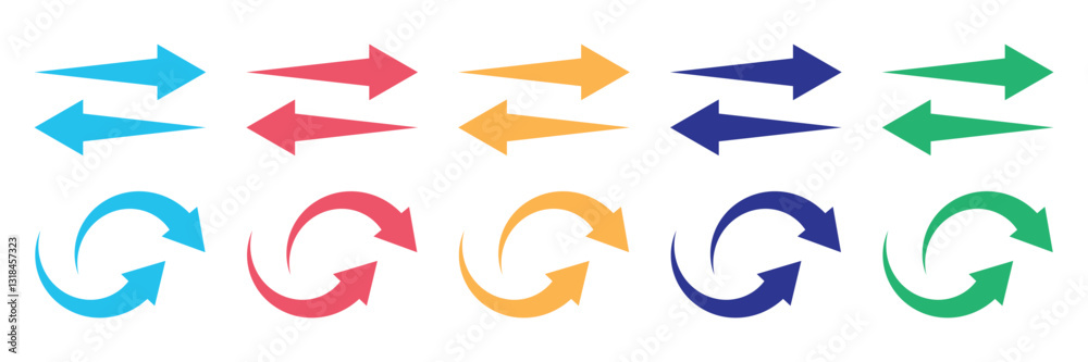 Arrows right and left icon set. Colourful arrow icon isolated on white background. Up and down arrow silhouette symbol vector website design. Colorful left, right symbols. Vector illustration. Arrows right and left icon set. Colourful arrow icon isolated on white background. Up and down arrow silhouette symbol vector website design. Colorful left, right symbols. Vector illustration.