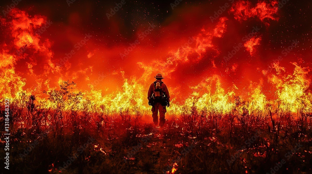 Fototapeta premium Wildfires Pose Ecological Disaster & Human Danger: Fierce Blaze Causes Devastating Damage & Destruction Amidst Dark Skies, Threatening Attack on Local Ecosystems & Lives.