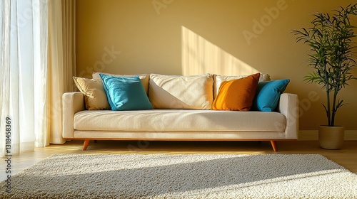 Wallpaper Mural Cozy Beige Living Room Interior Design: Stylish Sofa Settee, Glass Table, Plush Carpet, and Comfortable Lounge Area on Wood Floor. Torontodigital.ca