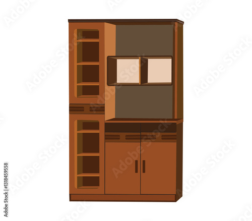 Wooden kitchen cabinet with shelves and storage compartments for home interior furniture