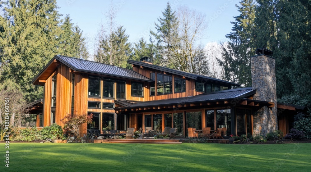 Luxurious wooden house with large windows and stone chimney in a green landscape. Luxurious wooden house with large windows and stone chimney in a green landscape.