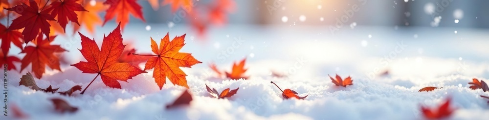 Delicate maple leaves fall on a snowy background, nature, organic Delicate maple leaves fall on a snowy background, nature, organic