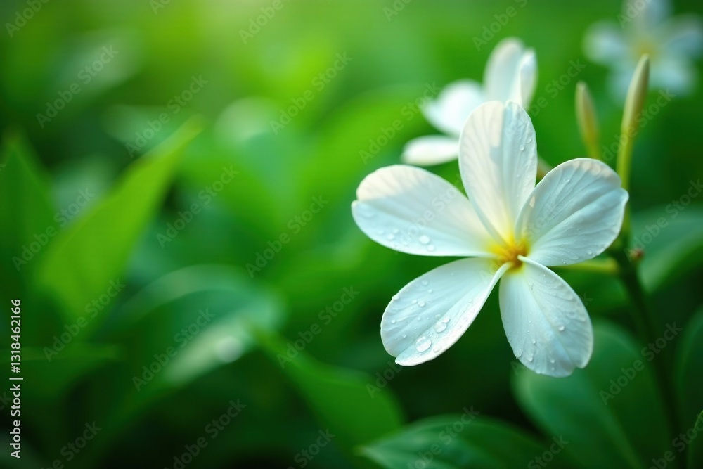 exotic white flowers on lush green foliage with dew drops, droplets, nature photography, dew exotic white flowers on lush green foliage with dew drops, droplets, nature photography, dew