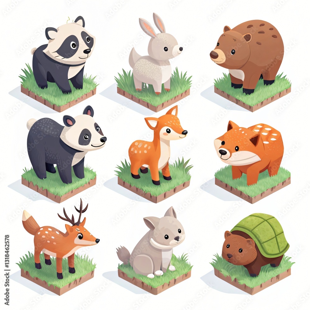 Obraz premium Adorable Cartoon Animals Collection Panda Deer Fox Rabbit Bear Isometric Illustrations