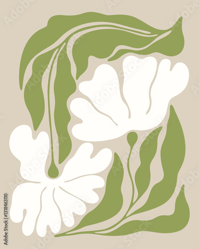 white flower vector print art with green leaves