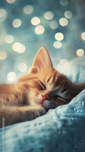 Adorable Orange Kitten Sleeping Peacefully on Soft Blue Blanket