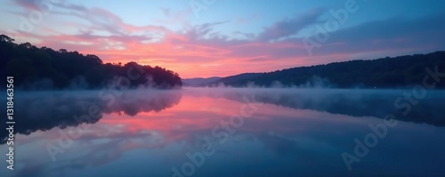 Lake at dusk with long exposure and soft focus, mist, soft focus