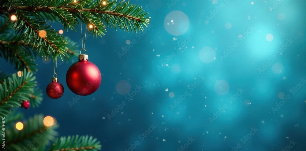 Christmas tree branches hanging with ornaments on a blue background, holly, decoration, blue Christmas tree branches hanging with ornaments on a blue background, holly, decoration, blue