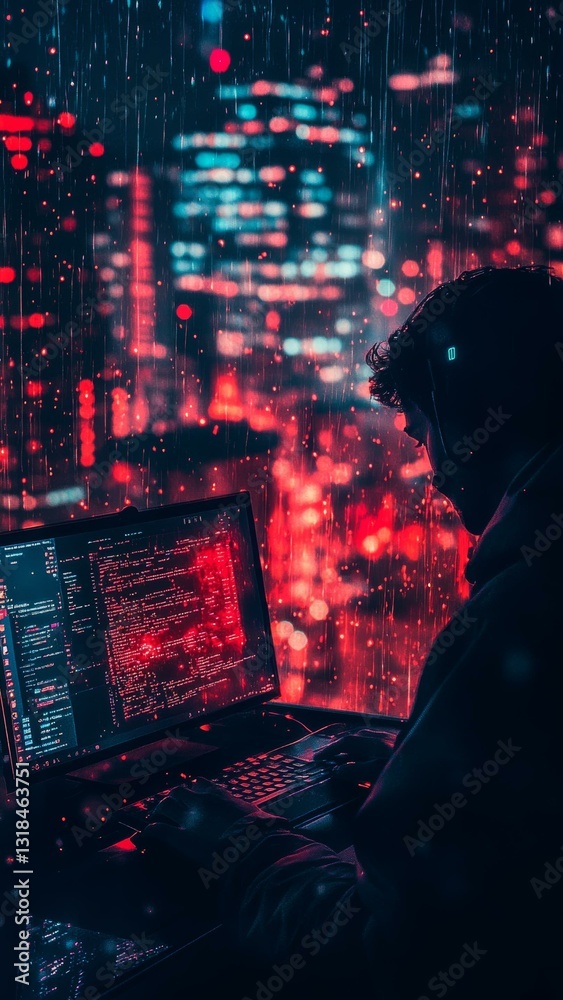 A Dark and Moody Image of a Man Working on a Computer in a Rainy Cityscape A Dark and Moody Image of a Man Working on a Computer in a Rainy Cityscape