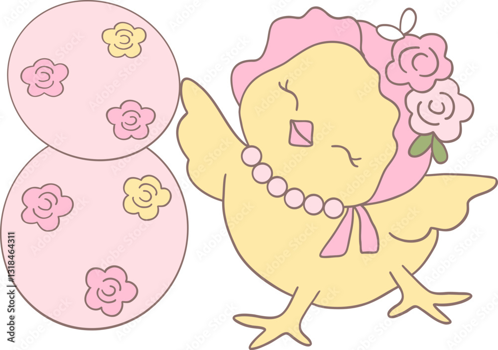 Cute Easter Chicken with a Decorative Easter Egg in a Groovy Retro Hippie Design Cute Easter Chicken with a Decorative Easter Egg in a Groovy Retro Hippie Design
