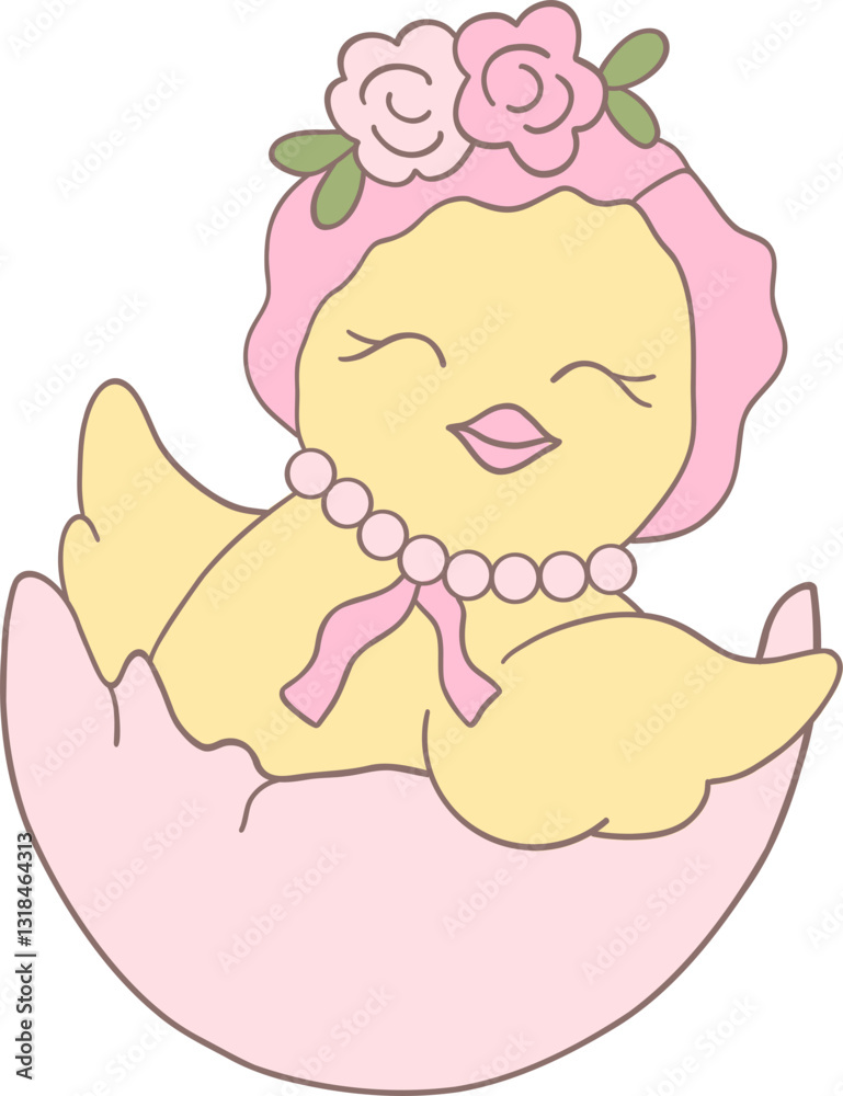 Cute Easter Chicken with a Decorative Easter Egg in a Groovy Retro Hippie Design