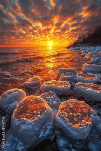 Stunning sunset over frozen shoreline revealing icy formations and vibrant sky reflecting on water