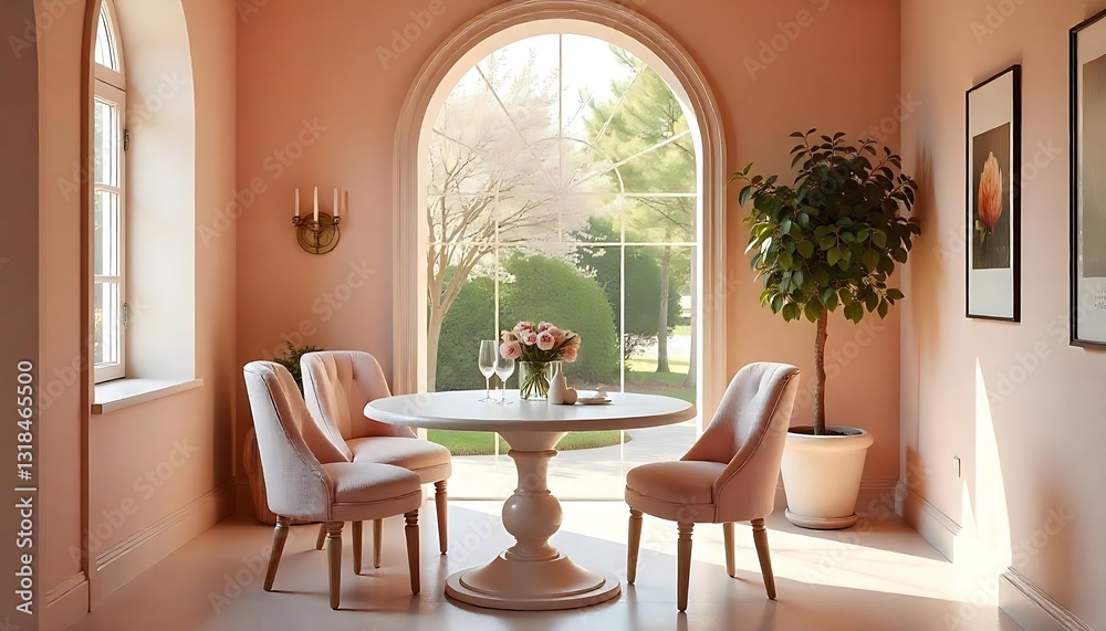 Fototapeta premium A soft pink dining room with a round table and chairs