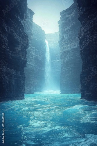 Majestic waterfall cascading through narrow canyon walls with striking blue water reflection during a tranquil morning