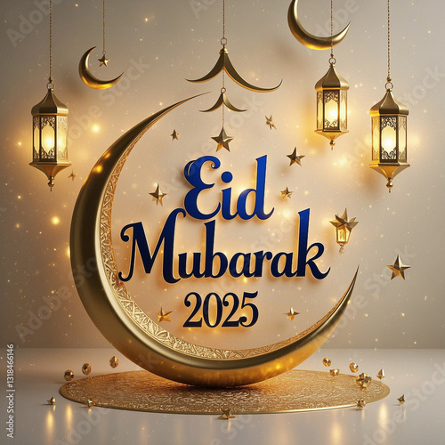 'Eid Mubarak 2025' greeting card with golden calligraphy, golden moon, and lanterns in an elegant Islamic art style.