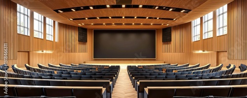 Empty Daytime Classroom: 3D Rendering of Modern Auditorium Design with Blackboard, Desk, and Student Chair Amidst Empty Chairs & Ceiling Architecture.