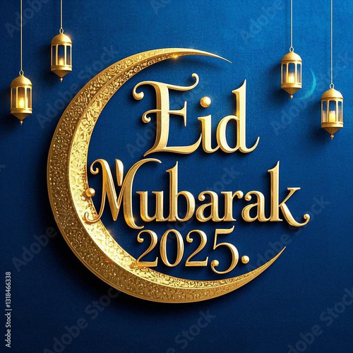 Eid Mubarak 2025 greeting card with golden calligraphy, crescent moon, and lanterns in an elegant Islamic art style with blue background.
