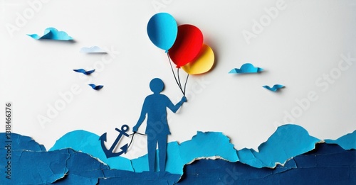 Paper cutout of person with balloon tied to one hand and anchor in other deep blue and bright red contrasts symbolizing being torn between stability and dreams