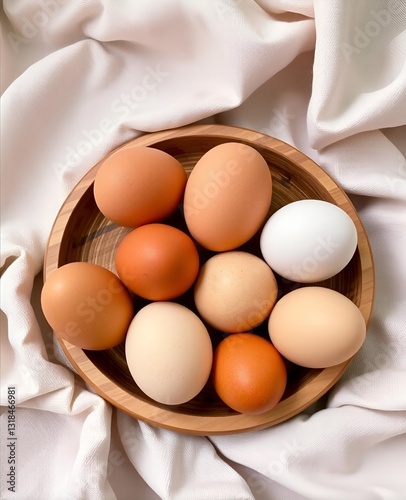 Chicken eggs in a wooden bowl, natural colors and different textures, on light fabric