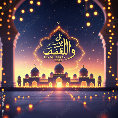 Eid Mubarak 2025 featuring a warm message, mosque and glowing lights for festive social media post 