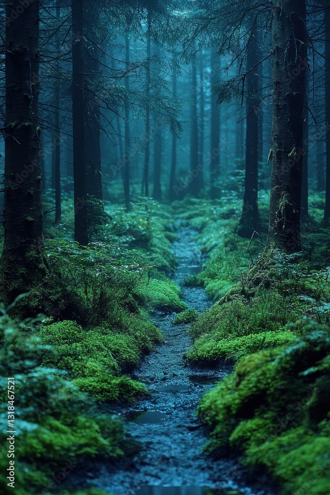 Fototapeta premium Lush forest pathway winds through serene greenery in early morning light