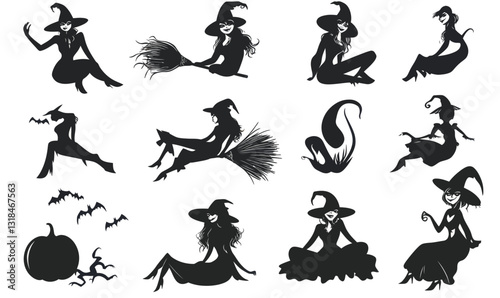 Pin-Up Style Witch Silhouette Set on Broom and Pumpkin for Halloween Vector Art