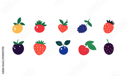 Minimalist Vector Berries Set with Strawberry, Blueberry, Raspberry, Cherry Illustrations