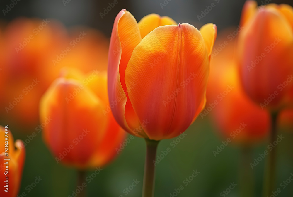 A vibrant orange tulip stands out in a field of similar flowers A vibrant orange tulip stands out in a field of similar flowers