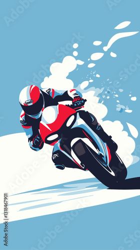 Dynamic Motorcycle Racer Leaning into Sharp Turn in Minimalist Vector Style