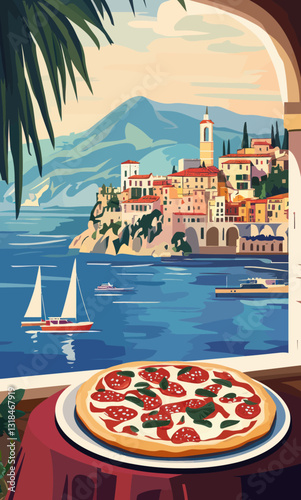 Retro Italy Travel Poster with Pizza and Mediterranean Coastal Landscape Illustration