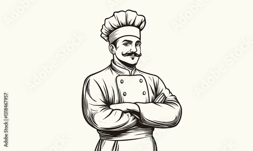 Classic Chef Illustration in Engraving Style with Crossed Arms Pose