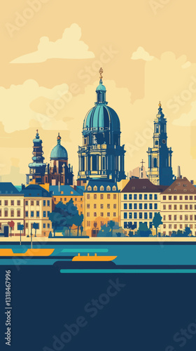 Retro Dresden Skyline Poster with Abstract Landmark Shapes in Vintage Style