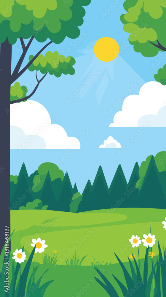 Obraz premium Minimalist Countryside Landscape Vector with Trees and Sun for Nature Illustration