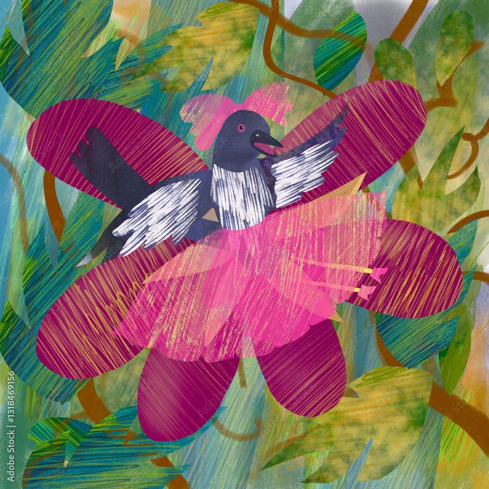 Fototapeta premium An illustration of an elegant magpie sitting on a flower. The watercolor illustration is decorated with colored pencils and pastel crayons. March 8th. International Women's Day