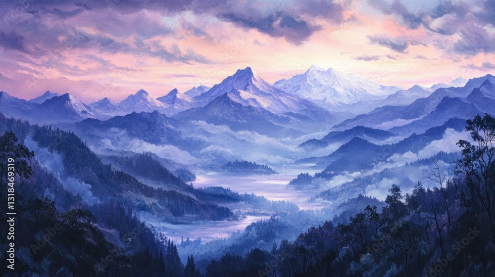 Majestic mountain range blanketed in ethereal mist at sunrise painting Majestic mountain range blanketed in ethereal mist at sunrise painting