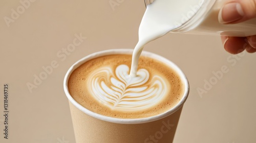 hand pouring milk from a glass container onto a latte on a white paper cup on a table on a beige background
