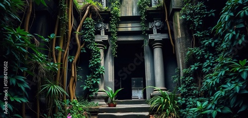 Ancient temple entrance concealed by dense jungle foliage, vines climbing stone pillars,  leaves, creepers