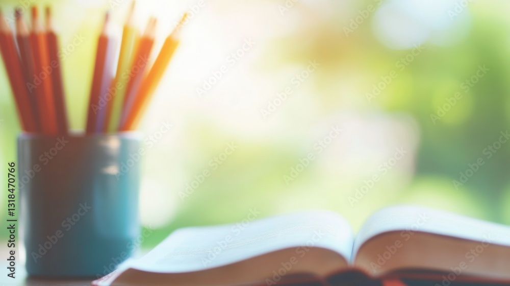 An open book rests on a table while a blue cup filled with colorful pencils stands nearby, illuminated by soft sunlight An open book rests on a table while a blue cup filled with colorful pencils stands nearby, illuminated by soft sunlight