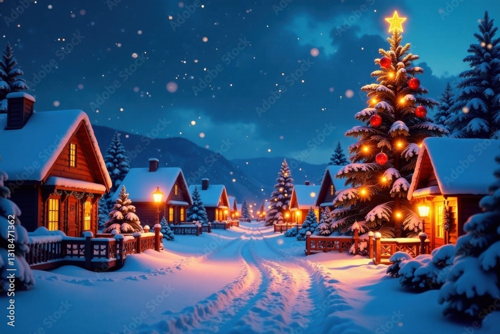 Naklejka premium Snowy village scene with Christmas decorations, festive lights and a large tree background, festive atmosphere, snow covered streets,