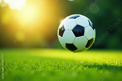 Soccer ball bouncing in mid-air over green grass, movement, field, action