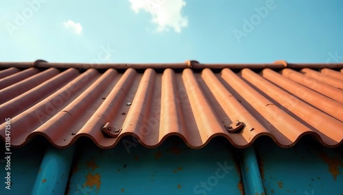 Corrugated iron roof with broken tiles and rusty hinges, broken, corroded