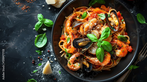 Top-down view of Classic Italian Style Seafood Linguine with light tomato sauce, shrimp, scallops, mussels, clams, fresh basil, and Parmesan cheese.