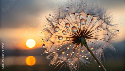 A Delicate Dandelion Seed Head Glistening With Morning Dew, Bathed In The Warm Glow Of A Breathtaking Sunrise, A Symbol Of Hope And New Beginnings