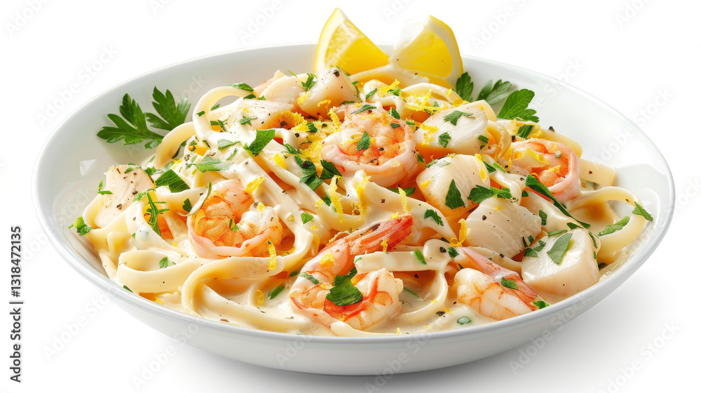 Seafood Fusion Fettuccine Alfredo with Shrimp, Scallops, Crab Meat, Lemon Zest, and Fresh Herbs