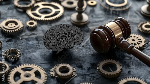 Judge gavel and many gears shaped as human