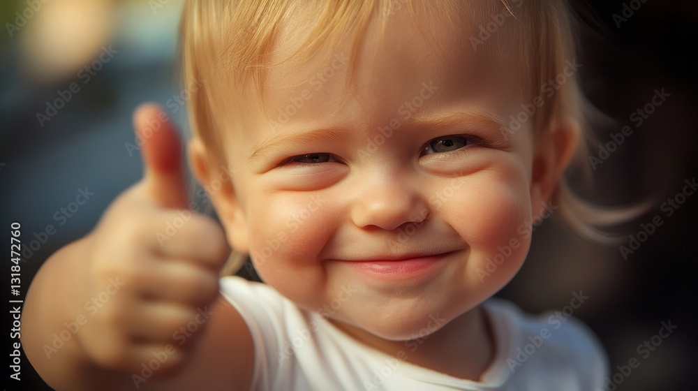 Smiling baby with blonde hair wearing white gives thumbs-up in joyful moment, showcasing innocence and happiness. Generative AI Smiling baby with blonde hair wearing white gives thumbs-up in joyful moment, showcasing innocence and happiness. Generative AI