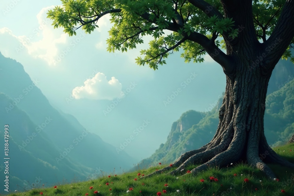 Obraz premium Tree with rough bark against a misty background, clouds, tree bark