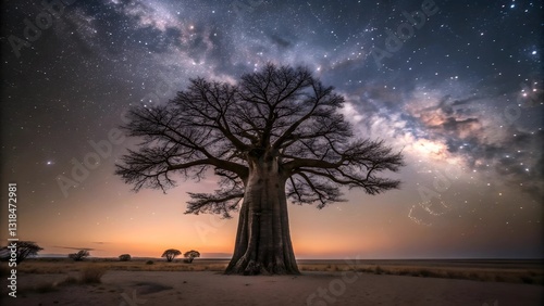 Ancient Baobab Tree Silhouetted Against A Breathtaking Milky Way Galaxy, Under A Twilight Sky Filled With Countless Stars And Soft Pastel Hues