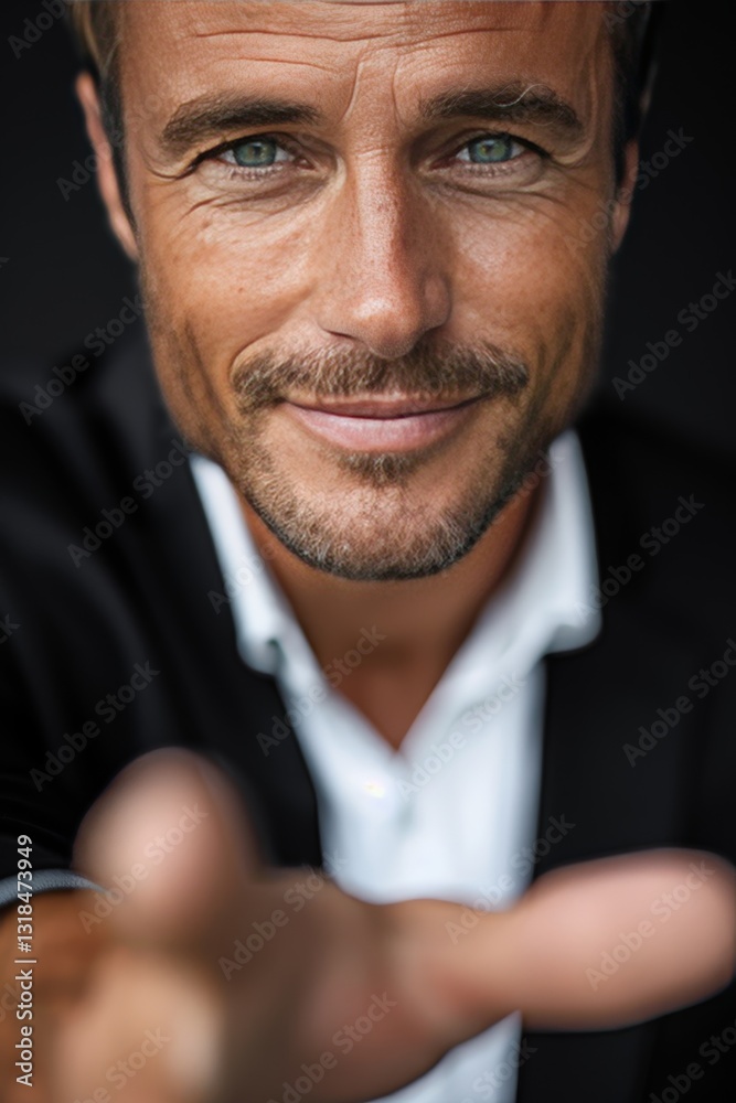 Obraz premium A Man in a Black Suit and White Shirt Reaching Out