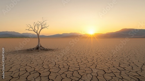 A lone weathered tree stands solitary and silhouetted against a surreal melancholic desert landscape of cracked parched earth and a dramatic ethereal sunset sky